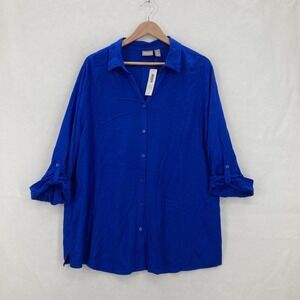 Chico's Shirt Womens 3 Blue Button Front Tunic Roll Tab Sleeves Collared Blouse